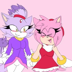 Size: 1000x1000 | Tagged: safe, artist:starfire_galaxy_cat, amy rose, blaze the cat, cat, hedgehog, 2023, amy x blaze, amy's halterneck dress, blaze's tailcoat, blushing, cute, eyes closed, female, females only, holding hands, lesbian, shipping