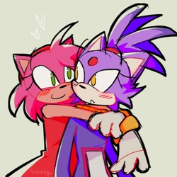 Size: 612x612 | Tagged: safe, artist:mechokky, amy rose, blaze the cat, cat, hedgehog, 2023, amy x blaze, amy's halterneck dress, blaze's tailcoat, blushing, cute, female, females only, hearts, hugging from behind, lesbian, looking at each other, shipping