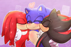 Size: 1171x769 | Tagged: safe, artist:onechanart, knuckles the echidna, shadow the hedgehog, sonic the hedgehog, 2023, :3, abstract background, arm around shoulders, cute, eyes closed, gay, heart, holding each other, kiss on cheek, knucklebetes, knuxadow, knuxonadow, knuxonic, outline, polyamory, shadow x sonic, shadowbetes, shipping, smile, sonabetes, standing, trio