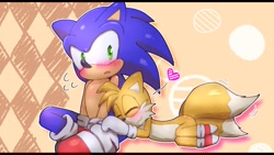 Size: 1156x650 | Tagged: safe, artist:onechanart, miles "tails" prower, sonic the hedgehog, 2022, abstract background, blushing, cute, duo, eyes closed, frown, gay, heart, holding them, lying on side, outline, shipping, sitting, smile, sonic x tails, tailabetes