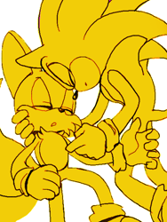 Size: 480x640 | Tagged: safe, artist:lujji, miles "tails" prower, sonic the hedgehog, 2012, duo, eyes closed, frown, gay, holding them, monochrome, mouth open, shipping, simple background, sonic x tails, white background, yellow
