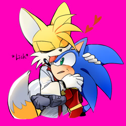 Size: 700x700 | Tagged: safe, artist:lujji, miles "tails" prower, zonic the zone cop, 2013, blushing, duo, gay, heart, holding each other, licking, pink background, sfx, shipping, simple background, sonic x tails, surprised, sweatdrop, zails, zontails