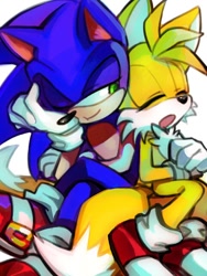 Size: 480x640 | Tagged: safe, artist:lujji, miles "tails" prower, sonic the hedgehog, 2013, duo, eyes closed, gay, head rest, holding them, looking at them, mouth open, one eye closed, shipping, simple background, sitting, sleeping, smile, sonic x tails, white background
