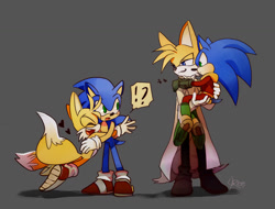 Size: 1280x971 | Tagged: safe, artist:lujji, miles "tails" prower, sonic the hedgehog, zonic the zone cop, carrying them, exclamation mark, frown, gay, grey background, group, heart, hugging, looking at each other, question mark, self paradox, shadow (lighting), shipping, signature, simple background, smile, sonic x tails, zails, zontails