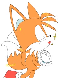 Size: 1176x1568 | Tagged: safe, artist:kptya, miles "tails" prower, 2023, classic tails, cute, eyes closed, hands together, mouth open, simple background, smile, solo, sparkles, white background