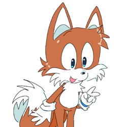 Size: 1384x1384 | Tagged: safe, artist:kptya, miles "tails" prower, adventures of sonic the hedgehog, 2023, cute, looking offscreen, mouth open, simple background, smile, solo, standing, tailabetes, v sign, white background