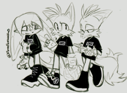Size: 2048x1500 | Tagged: safe, artist:pixiefeatherkw3, kit the fennec, miles "tails" prower, nine, sonic prime, aged up, boots, chipped ear, emo, emo kit, emo outfit, emo tails, fishnets, grey background, holding something, lidded eyes, line art, looking at something, looking at them, looking at viewer, nin, older, pointing, self paradox, shirt, signature, simple background, spiked bracelet, teenager, trio, walking