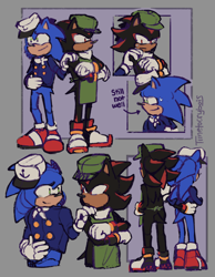Size: 1452x1868 | Tagged: safe, artist:timetocrybois, shadow the hedgehog, sonic the hedgehog, the murder of sonic the hedgehog, abstract background, frown, gay, hand on shoulder, shadow x sonic, shipping, signature, smile, standing, sweatdrop, tears