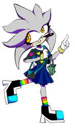 Size: 972x1647 | Tagged: safe, artist:nonbinary-sticks-the-badger, silver the hedgehog, bag, cute, eyelashes, heart, nonbinary, pansexual pride, pointing, shirt, silvabetes, simple background, skirt, smile, socks, solo, transparent background