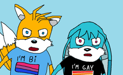 Size: 907x555 | Tagged: safe, artist:meltingshards, kit the fennec, miles "tails" prower, 2023, :o, bisexual, blue background, duo, edit, gay, kitails, meme, shipping, shirt, shrunken pupils, simple background, tails gets trolled, words on a shirt