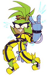 Size: 1200x1928 | Tagged: safe, artist:head---ache, surge the tenrec, alternate universe, clenched teeth, devil horns (gesture), electricity, sharp teeth, simple background, smile, solo, white background