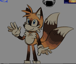 Size: 1115x938 | Tagged: safe, artist:fiberc, miles "tails" prower, colored arms, colored ears, colored legs, colored tail, looking offscreen, smile, solo, standing, waving