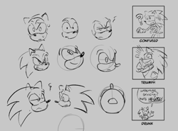 Size: 1214x898 | Tagged: safe, artist:fiberc, sonic the hedgehog, english text, expression sheet, grey background, line art, question mark, simple background, sketch, solo, sweatdrop