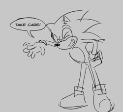 Size: 741x675 | Tagged: safe, artist:fiberc, sonic the hedgehog, clenched teeth, dialogue, english text, grey background, hand on hip, line art, looking at viewer, positivity, simple background, sketch, smile, solo, standing, wink