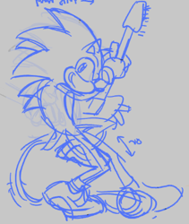Size: 392x465 | Tagged: safe, artist:fiberc, sonic the hedgehog, grey background, guitar, holding something, line art, looking at viewer, simple background, sketch, smile, solo, standing