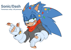 Size: 2048x1447 | Tagged: safe, artist:aweirdcupofink, sonic the hedgehog, bandana, bust, claws, english text, fingerless gloves, lidded eyes, nonbinary, pawpads, pointing, simple background, smile, solo, sticker, transgender, transmasculine, white background