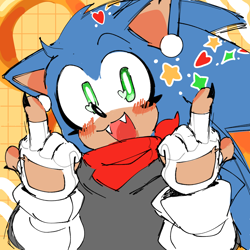Size: 2048x2048 | Tagged: safe, artist:aweirdcupofink, sonic the hedgehog, :3, abstract background, bandana, blushing, claws, cute, double middle finger, fangs, fingerless gloves, heart, middle finger, mouth open, nonbinary, shirt, smile, solo, sonabetes, star (symbol), sticker, transmasculine