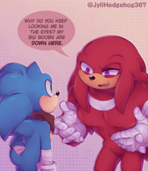 Size: 1080x1251 | Tagged: safe, artist:jyllhedgehog367, knuckles the echidna, sonic the hedgehog, abstract background, bending over, blushing, dialogue, duo, english text, gay, knuxonic, looking at each other, meme, mwb, shipping, signature, sonic boom (tv), speech bubble, standing