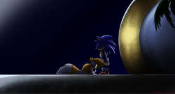 Size: 2048x1102 | Tagged: safe, artist:kittygamer2888, miles "tails" prower, sonic the hedgehog, abstract background, crying, duo, eyes closed, frown, kneeling, redraw, sad, sonic x, standing, tears, tears of sadness