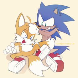 Size: 1552x1558 | Tagged: safe, artist:sonikkublue, miles "tails" prower, sonic the hedgehog, arm fluff, cheek fluff, cute, duo, ear fluff, eyes closed, leg fluff, looking at them, mouth open, noogie, shoulder fluff, signature, simple background, sitting, smile, yellow background