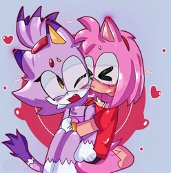Size: 1080x1089 | Tagged: safe, artist:cookiiy11, amy rose, blaze the cat, cat, hedgehog, 2023, amy x blaze, cute, eyes closed, female, females only, hearts, hugging from behind, kiss on cheek, lesbian, one eye closed, shipping
