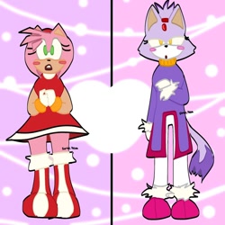 Size: 1080x1080 | Tagged: safe, artist:sonic.4eva, amy rose, blaze the cat, cat, hedgehog, 2023, amy x blaze, amy's halterneck dress, blaze's tailcoat, blushing, cute, female, females only, hands together, heart, lesbian, looking at viewer, shipping