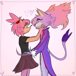 Size: 1080x1080 | Tagged: safe, artist:goat.zipp, amy rose, blaze the cat, cat, hedgehog, 2023, amy x blaze, blaze's tailcoat, cute, female, females only, hands on cheeks, hearts, lesbian, looking at each other, shipping
