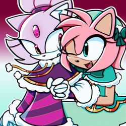 Size: 540x540 | Tagged: safe, artist:citrusdevill, amy rose, blaze the cat, cat, hedgehog, 2023, amy x blaze, christmas, christmas outfit, cute, female, females only, hand on arm, lesbian, looking at them, one eye closed, shipping