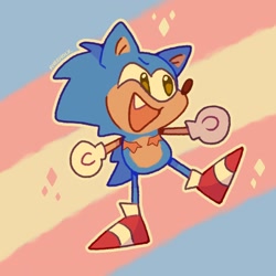 Size: 2048x2048 | Tagged: safe, artist:ayegyolk, sonic the hedgehog, 2023, cute, looking offscreen, mouth open, one fang, outline, pride, pride flag, pride flag background, smile, solo, sonabetes, sparkles, standing on one leg, top surgery scars, trans male, trans pride, transgender