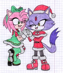 Size: 887x1024 | Tagged: safe, artist:biazingcato, amy rose, blaze the cat, cat, hedgehog, 2023, amy x blaze, christmas, christmas outfit, cute, female, females only, holding hands, lesbian, mouth open, one eye closed, shipping, traditional media