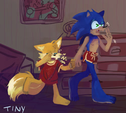 Size: 2048x1823 | Tagged: safe, artist:toadstool32, miles "tails" prower, sonic the hedgehog, 2023, abstract background, barefoot, duo, holding hands, indoors, shirt, shorts, signature, tired, top surgery scars, trans male, transgender, walking, yawning