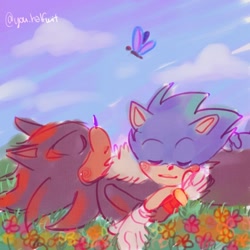 Size: 900x900 | Tagged: safe, artist:youhalfwit, shadow the hedgehog, sonic the hedgehog, abstract background, blushing, butterfly, clouds, cute, daytime, duo, flower, gay, grass, lying down, outdoors, outline, shadow x sonic, shipping, sleeping, smile