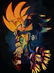 Size: 1536x2048 | Tagged: safe, artist:youhalfwit, shadow the hedgehog, sonic the hedgehog, super sonic, sonic adventure 2, 2023, crying, duo, eyes closed, flying, frown, gay, hugging, lidded eyes, looking at them, sad, shadow x sonic, shipping, super form, tears, tears of sadness, top surgery scars, trans male, transgender