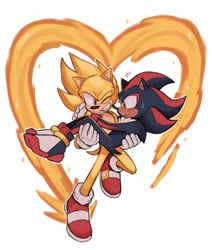 Size: 1734x2048 | Tagged: safe, artist:infinitechaosss, shadow the hedgehog, sonic the hedgehog, super sonic, blushing, duo, frown, gay, heart, looking at each other, outline, shadow x sonic, shipping, smile, super form, sweatdrop, wink