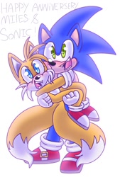 Size: 892x1320 | Tagged: safe, artist:crazygreenfluff, miles "tails" prower, sonic the hedgehog, anniversary, blushing, carrying them, duo, english text, gay, looking at viewer, mouth open, shipping, simple background, smile, sonic x tails, standing, white background