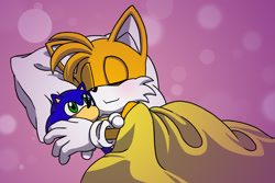 Size: 1800x1200 | Tagged: safe, artist:hyrulepirate, miles "tails" prower, abstract background, bed, blushing, eyes closed, gay, lying on side, pillow, shipping, sleeping, smile, solo, sonic x tails, stuffed animal