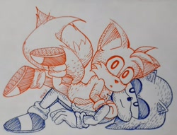 Size: 2048x1564 | Tagged: safe, artist:far_sunrise, miles "tails" prower, sonic the hedgehog, duo, gay, holding them, lidded eyes, looking at viewer, lying down, mouth open, shipping, smile, sonic x tails, traditional media