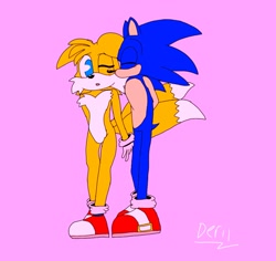 Size: 1779x1679 | Tagged: safe, artist:derilpostthings, miles "tails" prower, sonic the hedgehog, 2023, cute, duo, floppy ears, gay, kiss on cheek, one eye closed, pink background, shipping, signature, simple background, sonic x tails, standing