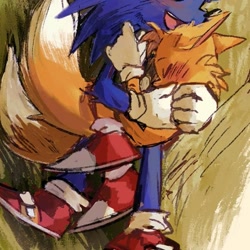 Size: 565x566 | Tagged: dead source, safe, artist:ratrrriot, miles "tails" prower, sonic the hedgehog, abstract background, blushing, duo, eyes closed, floppy ears, gay, lying down, mouth open, shipping, smile, snuggling, sonic x tails