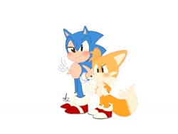 Size: 1024x768 | Tagged: safe, artist:giaoux, miles "tails" prower, sonic the hedgehog, sonic the ova, blushing, classic sonic, classic tails, duo, frown, gay, looking offscreen, pointing, raised eyebrow, redraw, shipping, signature, simple background, smile, sonic x tails, v sign, white background