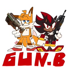 Size: 1249x1244 | Tagged: safe, artist:konicunai, miles "tails" prower, shadow the hedgehog, 2023, duo, frown, gay, gun, holding something, looking at viewer, shadails, shipping, signature, simple background, smile, white background