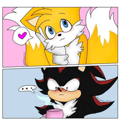 Size: 526x534 | Tagged: safe, artist:nathydash, miles "tails" prower, shadow the hedgehog, ..., 2021, :3, blushing, cute, duo, gay, head rest, heart, holding something, mug, panels, shadails, shadowbetes, shipping, signature, simple background, tailabetes