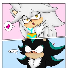Size: 1150x1200 | Tagged: safe, artist:nathydash, mephiles the dark, silver the hedgehog, ..., 2021, :3, alternate version, blushing, cute, duo, gay, head rest, heart, holding something, lidded eyes, mephilver, mug, panels, shadails, shipping, shrunken pupils, signature, simple background