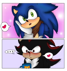 Size: 1137x1200 | Tagged: safe, artist:nathydash, shadow the hedgehog, sonic the hedgehog, ..., 2021, alternate version, blushing, cute, duo, gay, head rest, heart, holding something, mouth open, mug, nosebleed, panels, shadow x sonic, shipping, signature, simple background