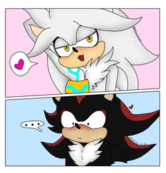Size: 1150x1200 | Tagged: safe, artist:nathydash, shadow the hedgehog, silver the hedgehog, ..., 2021, :3, alternate version, blushing, cute, duo, gay, head rest, heart, holding something, mug, panels, shadow x silver, shadowbetes, shipping, signature, simple background