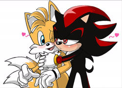 Size: 1920x1395 | Tagged: safe, artist:carolus04010856, miles "tails" prower, sonic the hedgehog, 2023, blushing, cute, duo, gay, heart, hugging, lidded eyes, looking at each other, one eye closed, shadails, shadowbetes, shipping, simple background, standing, tailabetes, white background