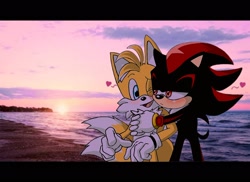 Size: 2048x1487 | Tagged: safe, artist:carolus04010856, miles "tails" prower, shadow the hedgehog, ..., 2021, :3, abstract background, alternate version, beach, blushing, clouds, cute, duo, gay, head rest, heart, holding something, mug, outdoors, panels, shadails, shadowbetes, shipping, signature, tailabetes