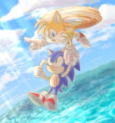 Size: 1500x1600 | Tagged: safe, artist:mcp_hyper, miles "tails" prower, sonic the hedgehog, 2023, abstract background, carrying them, clouds, daytime, flying, holding hands, mouth open, pointing, smile, spinning tails, thumbs up