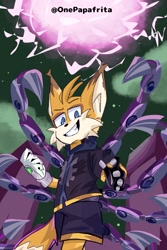 Size: 1365x2048 | Tagged: safe, artist:onepapafrita, miles "tails" prower, nine, sonic prime, abstract background, clenched fist, looking down at viewer, signature, solo, standing