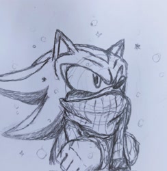 Size: 1996x2048 | Tagged: safe, artist:_poopy_head_, shadow the hedgehog, arms folded, looking up, pencilwork, scarf, snow, snowing, solo, standing, traditional media, winter, winter outfit